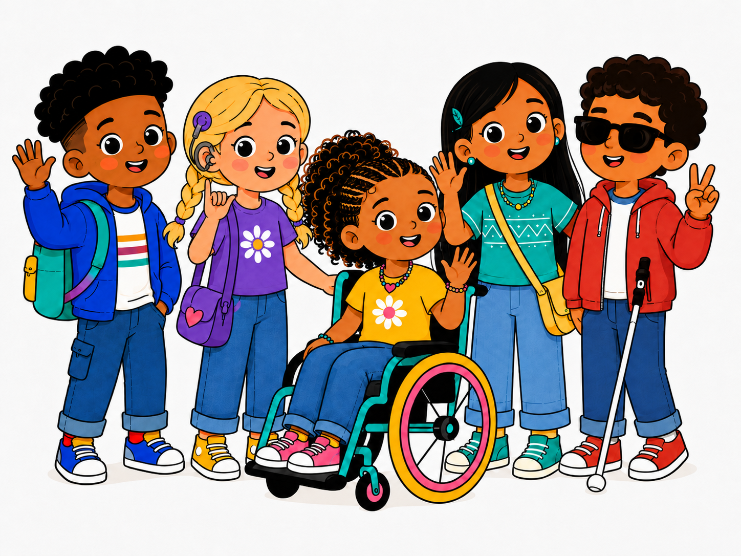 Ilustração da Turma UAI com crianças diversas, representando amizade, acessibilidade e inclusão.